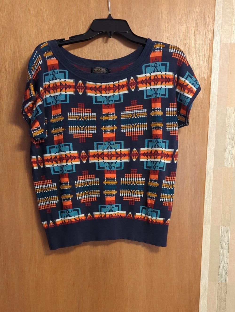 Pendleton Navy Aztec-Pattern Short Sleeve Knit Top